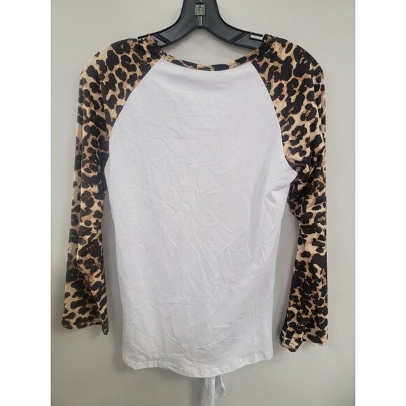 "Leopard Print Raglan Long Sleeve Top With Colorful Pumpkin & Sunflower Design S - Picture 2 of 2